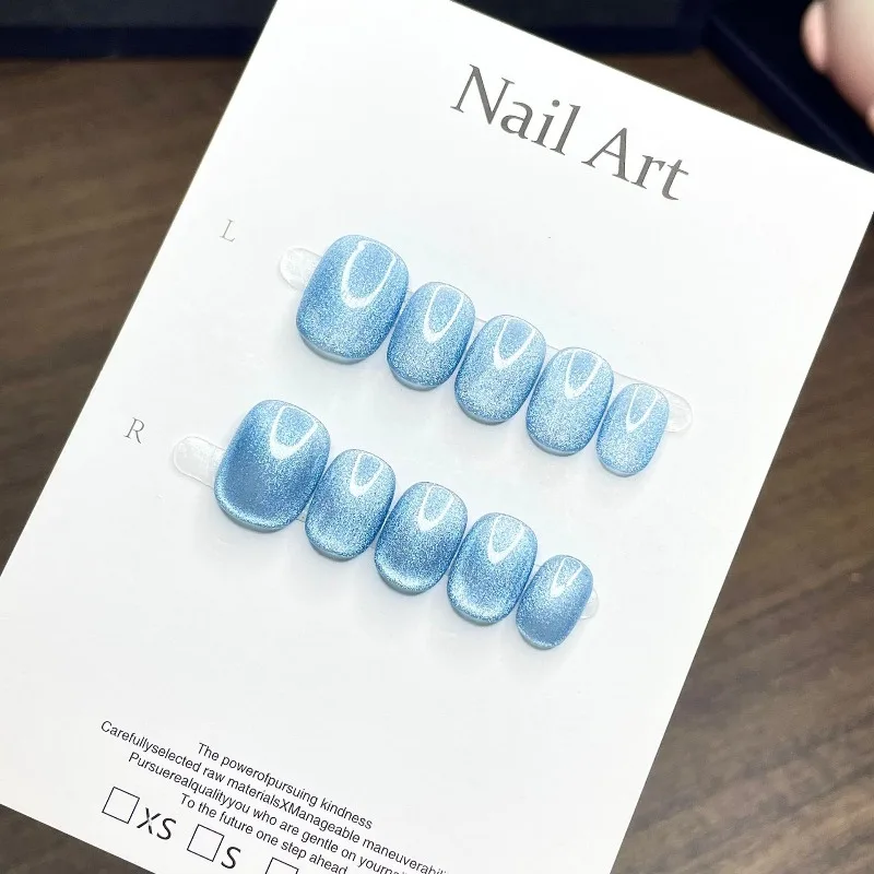 10개입 로즈 퍼플 네일 아트 프레스온 네일즈 순수 수제 로즈 퍼플 캣아이 웨어링 아머 블루 데일리 다용도 숏 빈 아머