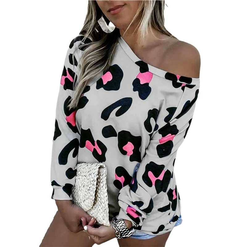 

Color Block Tunics Printed Tops Women Casual Leopard Shirts Oblique Shoulder Long Sleeve Tops Type Sleeve Style Collar Fit Type