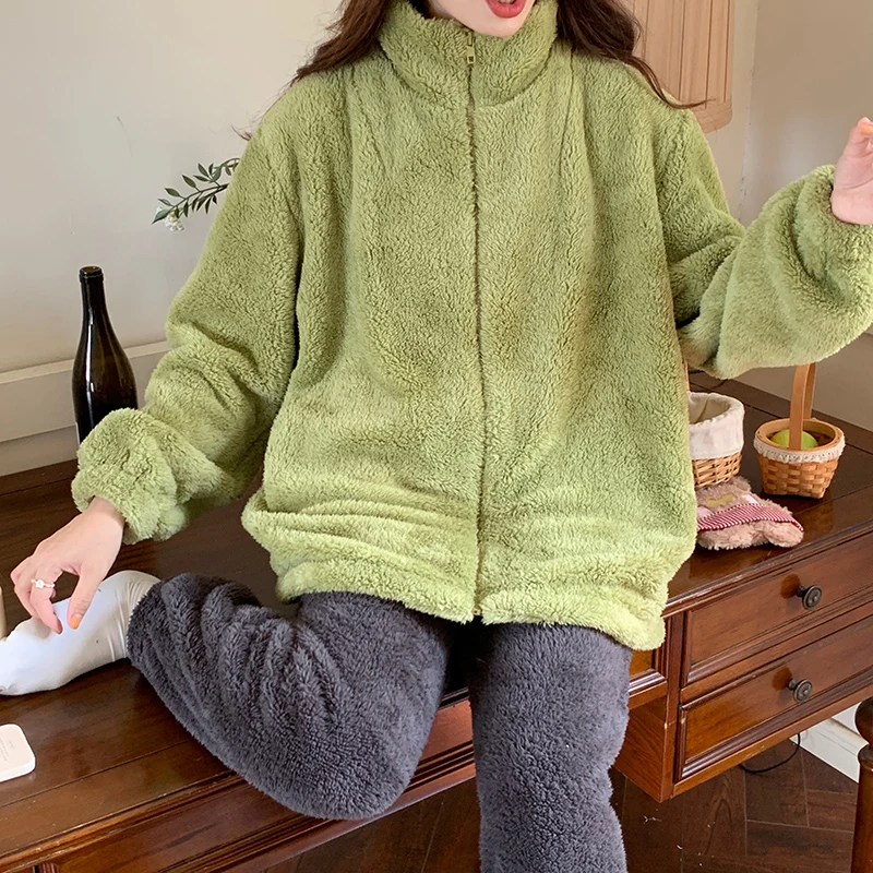 Winter New Sleepwear Women's Long Plush High Neck Zipper Long Sleeve Pants Cartoon Cute Warm Coral Plush Large Home Fur Set