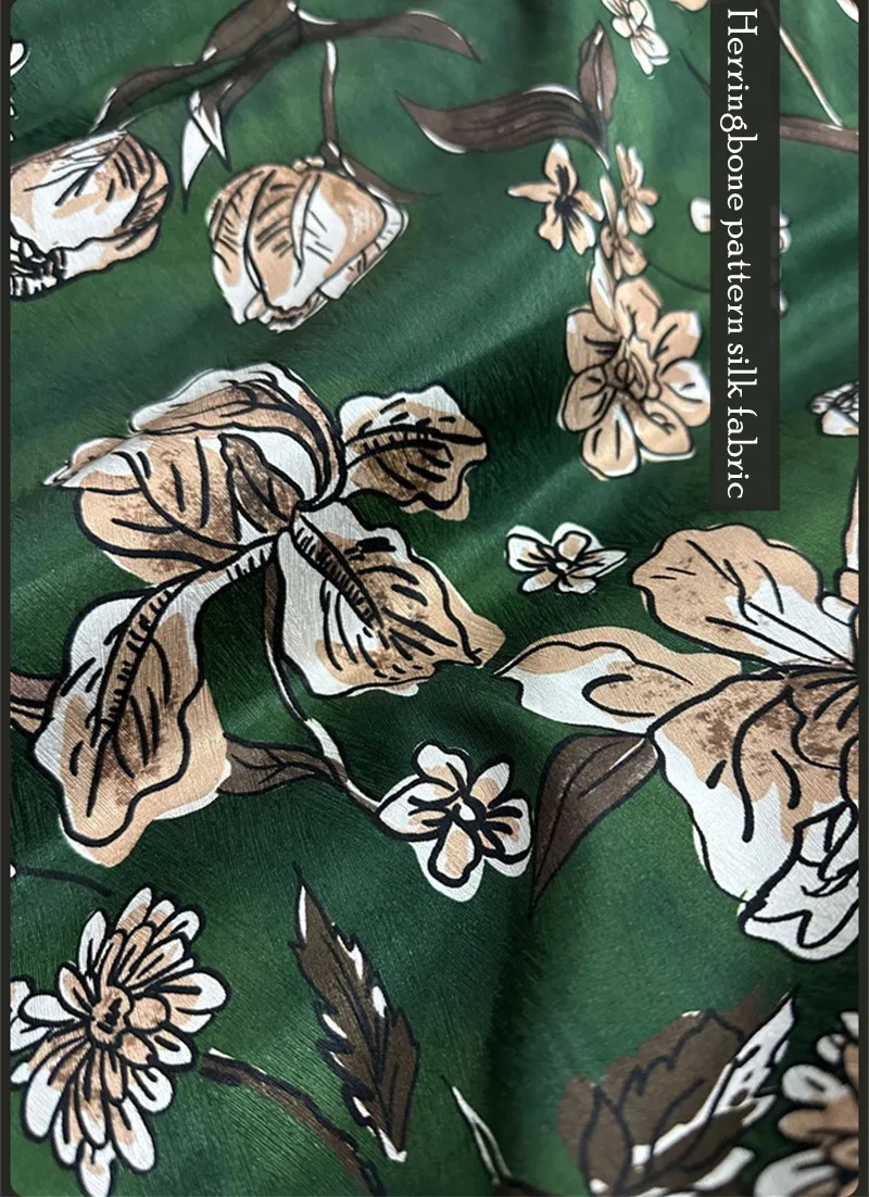 Description Picture 4 of itemHigh End Dark Green Plant Flower Printed Heavy Herringbone Pattern Silk Fabric High-end Handmade DIY Hanfu Dress Sewing Material