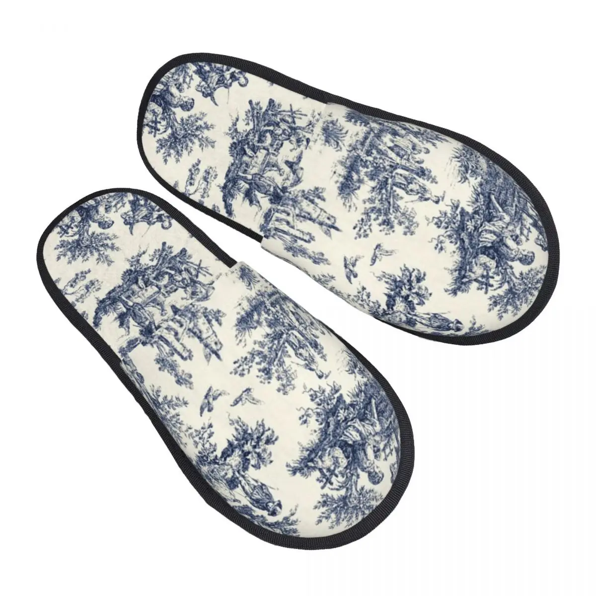 

Vintage Toile De Jouy Comfort Scuff Memory Foam Slippers Women Navy Blue And White Spa House Shoes