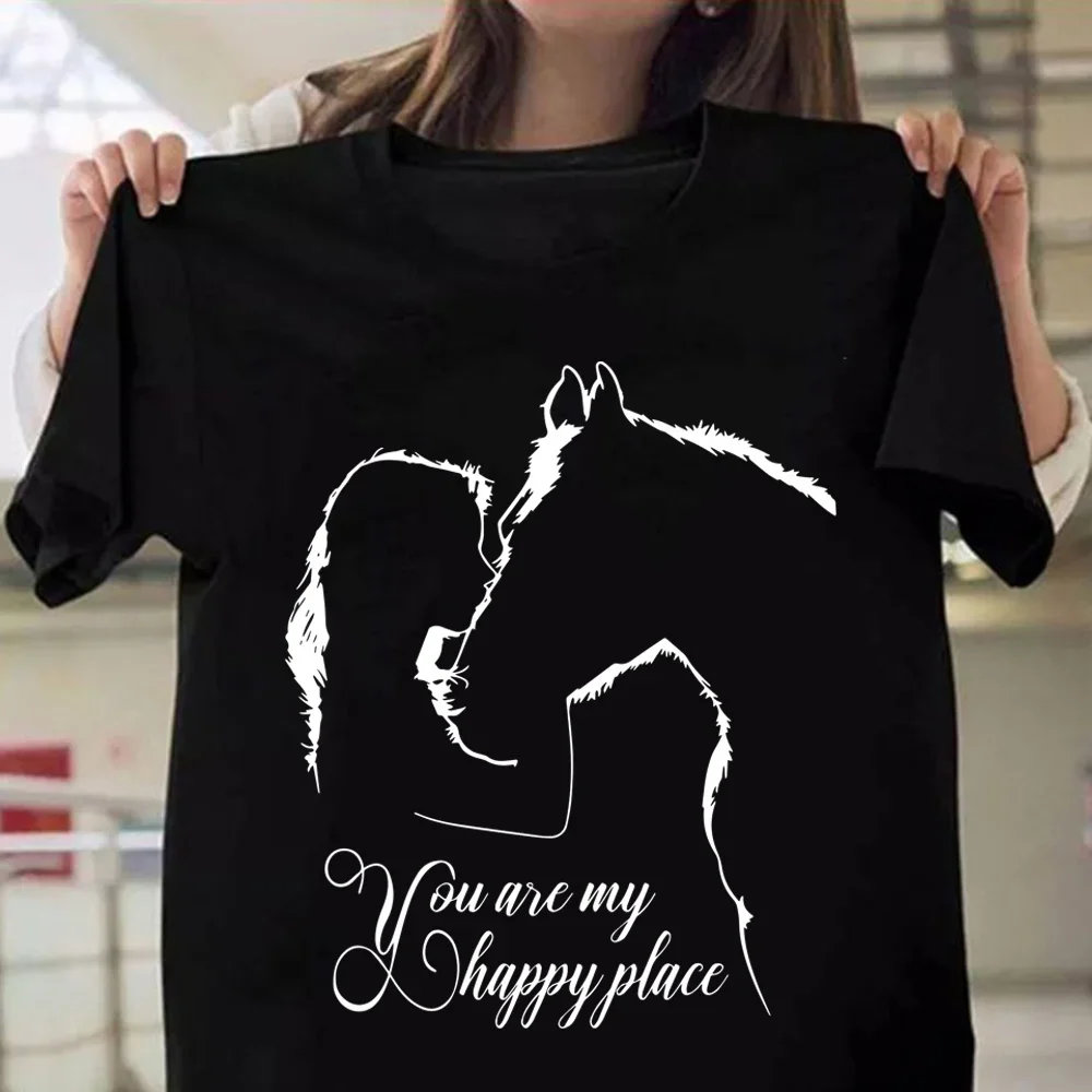 

T-shirts Summer Short Sleeve Tee Shirts For Women Round Neck Funny Horse And Girl You Are My Happy Place Print