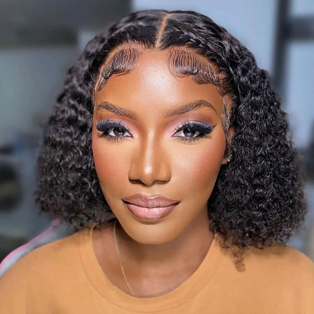 ToupeeShortBobWigBrazilianRemy4x4DeepWaveCurlyTransparent