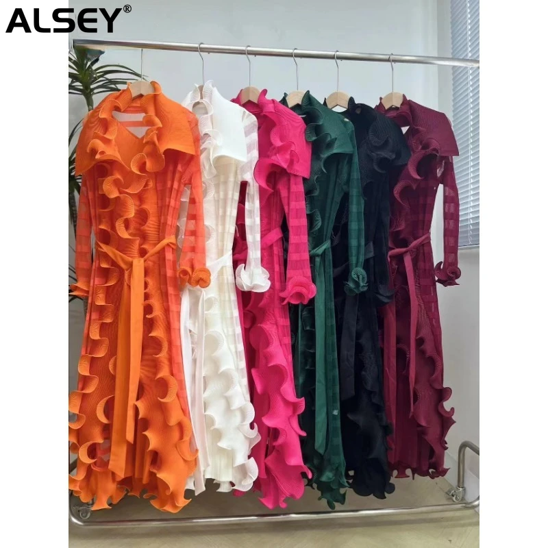 

ALSEY Miyake Pleated Sexy Heavy Industry Formal Dress Solid Color Lace Long Sleeve Slim Evening Party Women's Two Piece Set