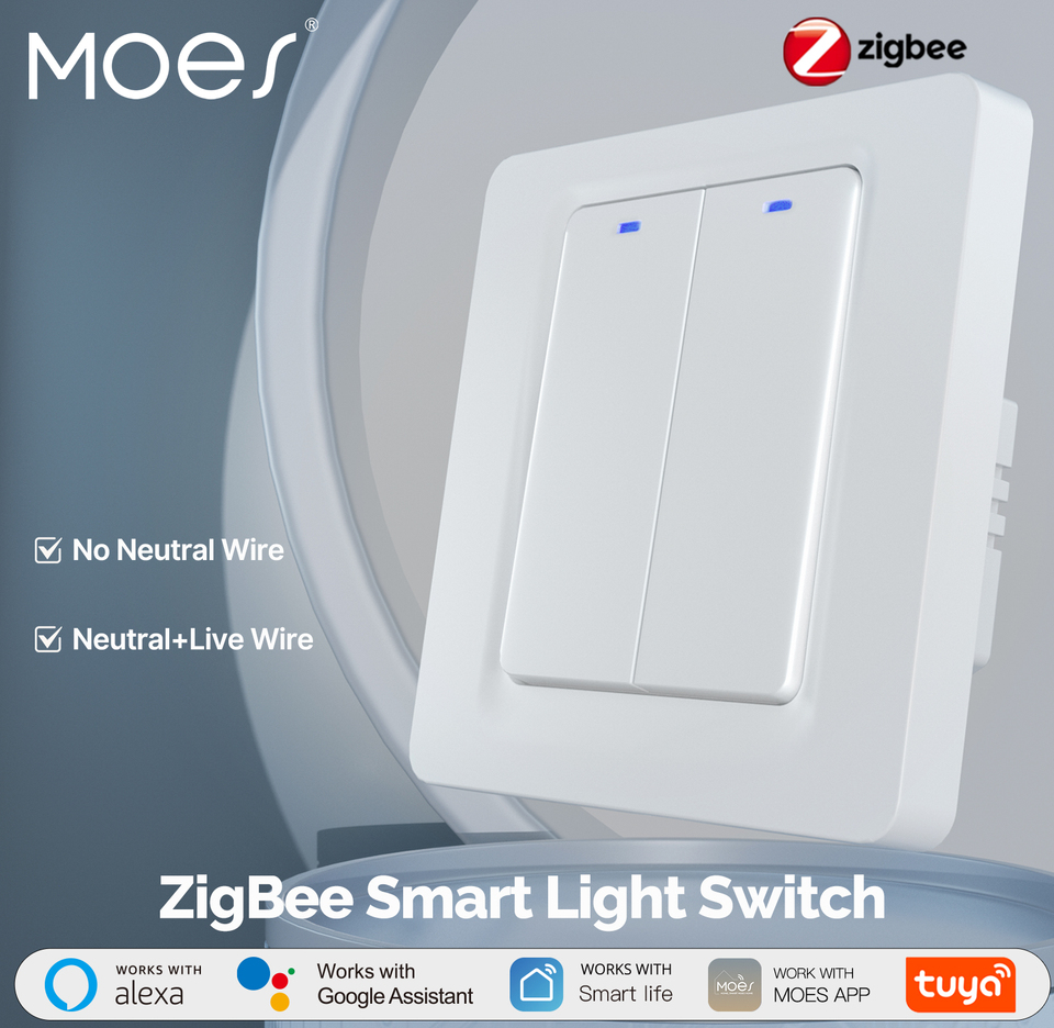 MOES Tuya ZigBee Smart Light Switch, Neutral Wire Optional, Magnetic Relay, App Control, Compatible with Alexa & Google Home