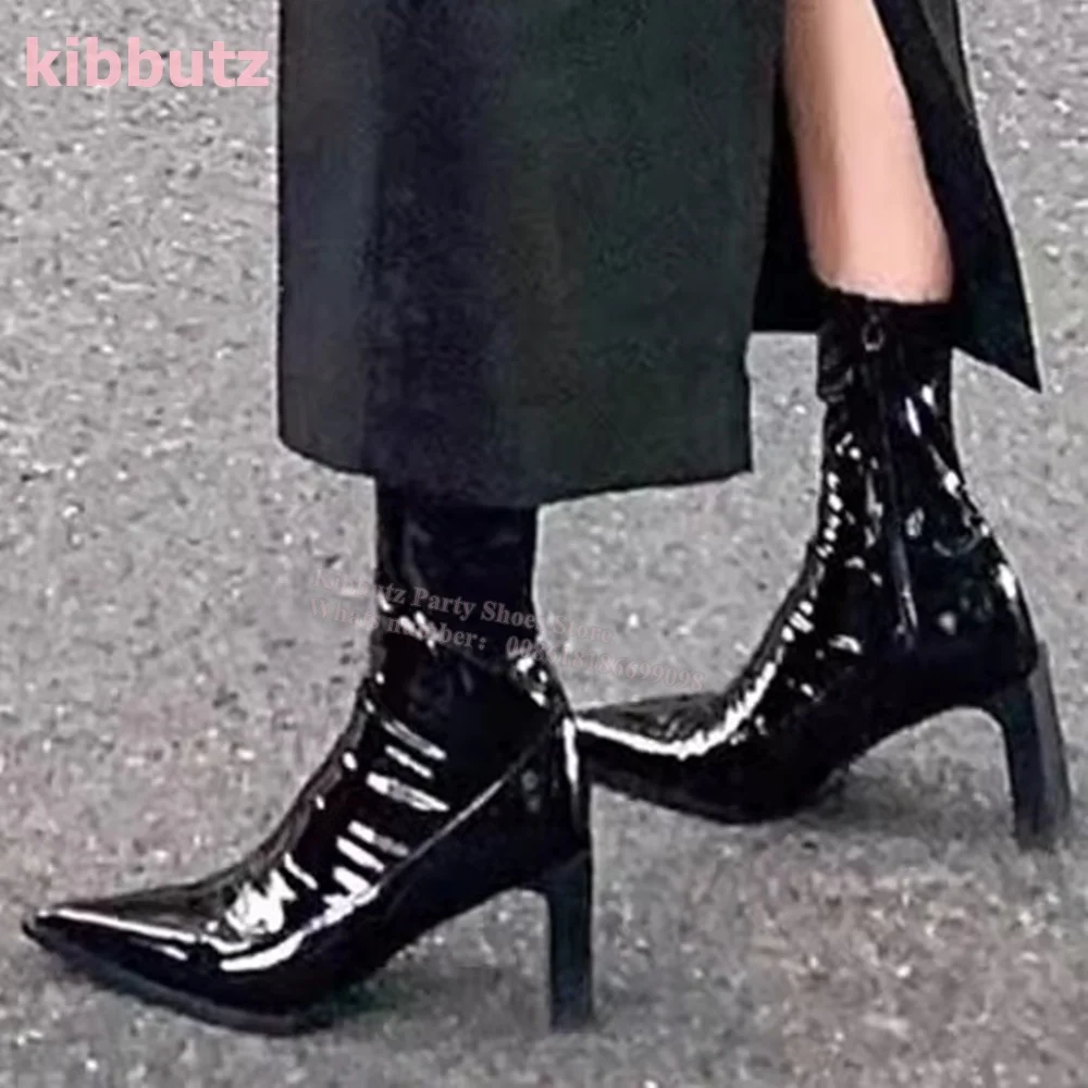 

Patent Leather Ankle Boots Pointed Toe Square Heels Side Zipper Pleated Solid Color Black Fashion Elegant Concise Women Shoe New
