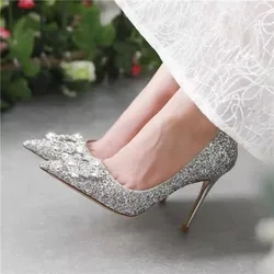 Plus Size Sequins Wedding Banquet Women's Shoes Pointed Stiletto Heel Square Buckle Decorative Rhinestone Summer High Heels