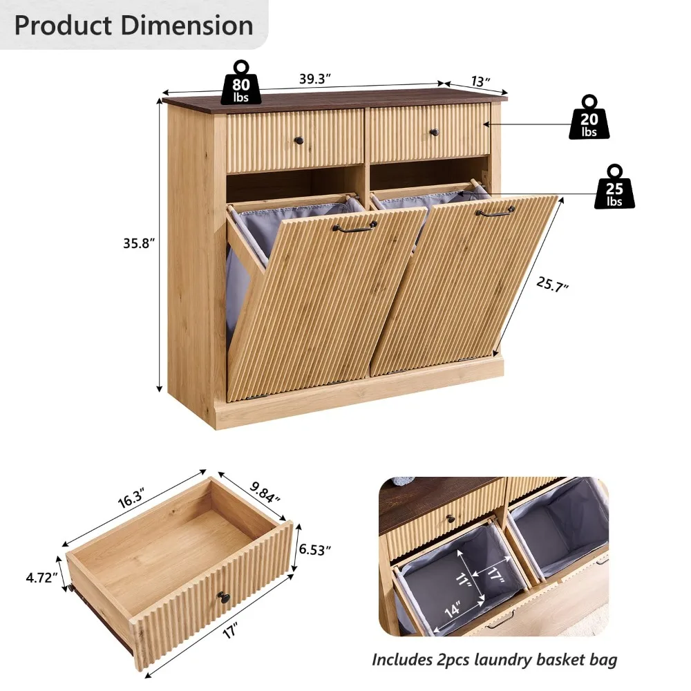 Modern Double Tilt-Out Trash Cabinet, 20 Gallon Fluted Laundry Hamper Cabinet with 2 Drawers, Wooden Hidden Garbage Can Cabinet 2