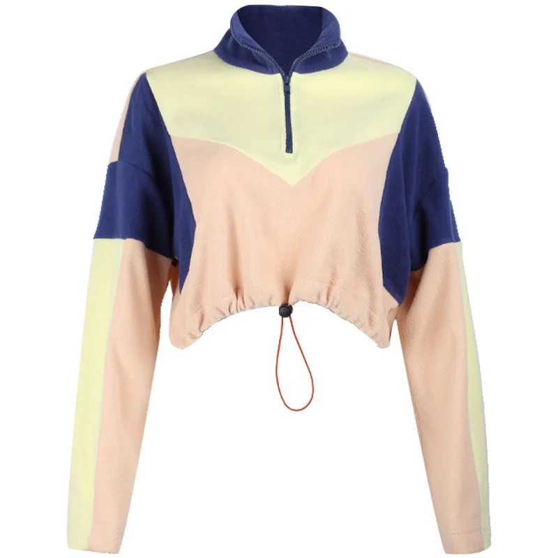 Contrast Patchwork Short Sweatshirt Retro Women's Zipper Stand Collar Casual Girl Long Sleeve Winter Top New Fashion Women