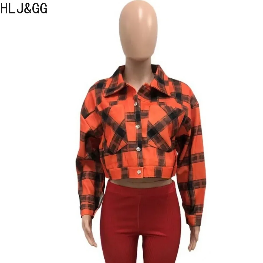 HLJ&GG Autumn Casual Plaid Print Crop Jackets Women Turndown Collar Long Sleeve Button Coats Fashion Female Slim Streetwear Tops