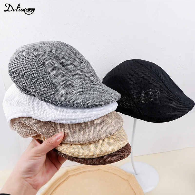 Men Summer Breathable Berets Soft Cotton and linen Hat Windproof Street Newsboy Beret Hat Retro England Hats Peaked Painter Caps beret hat,newsboy cap,newsboy hat,breathable hat