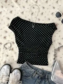 Women's Off-Shoulder Polka Dot Slim Crop Top, Black Base with White Dots, Ruched Asymmetrical Shoulder Tee for Beach Party, Dati