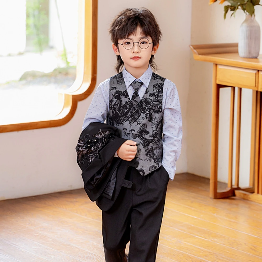 Boys Embroidery Suit Set 4 Pieces Stage Performance Wear Casual Notched Lapel Kids Suits For Celebration boys suits