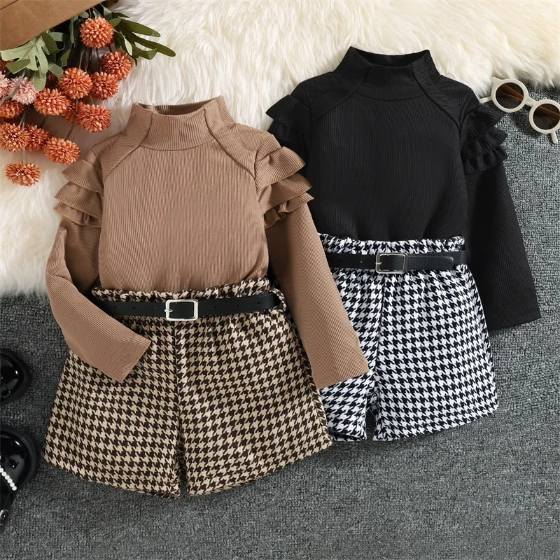 1-6Y Kids Girls Autumn Clothes Set Baby Ruffle Long Sleeve High Neck Ribbed Tops + Houndstooth Short Pant + Belt Children Outfit, kids clothing set,girls clothing set