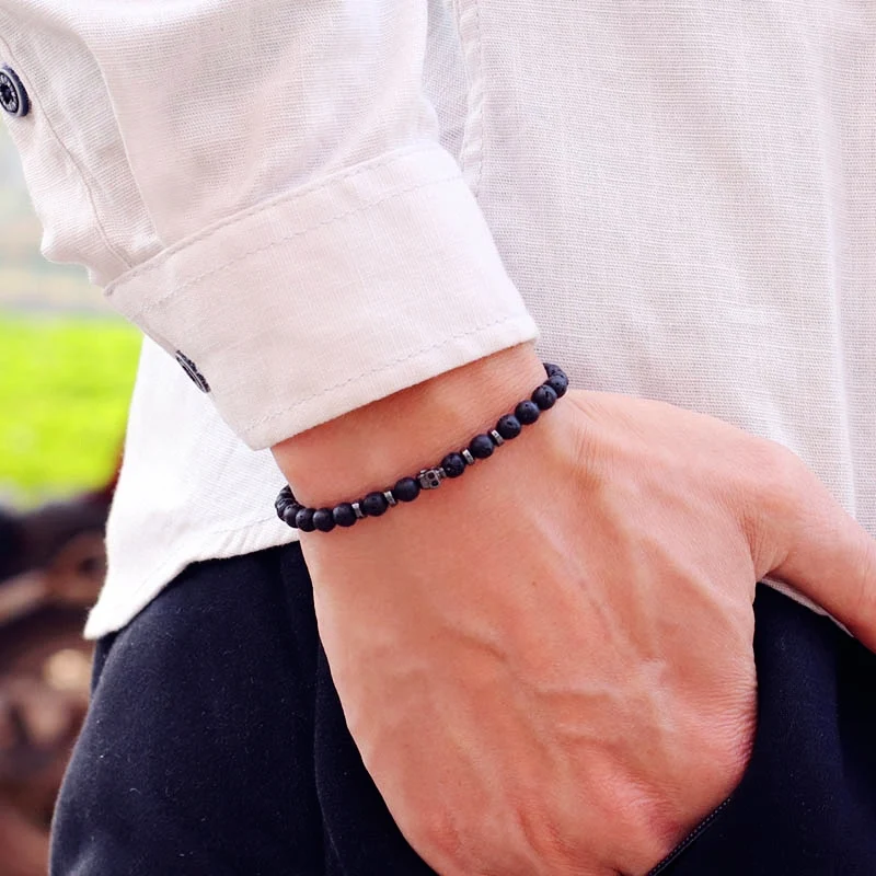 Neue Gothic Schädel Armband Für Männer 4mm Stein Braclet Natürliche Tiger Augen Vulkangestein Braslet Samen Perlen Brazalete Pulsera homme – Detail 5