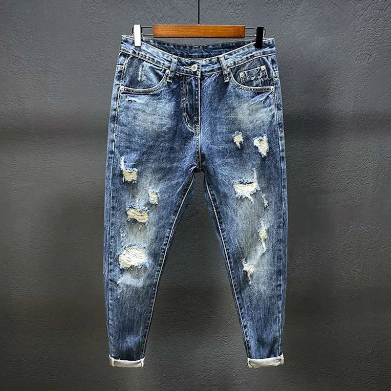 Nine-point jeans with holes for men's thin fashion brand slim feet in summer and summer Korean style spring and autumn pants