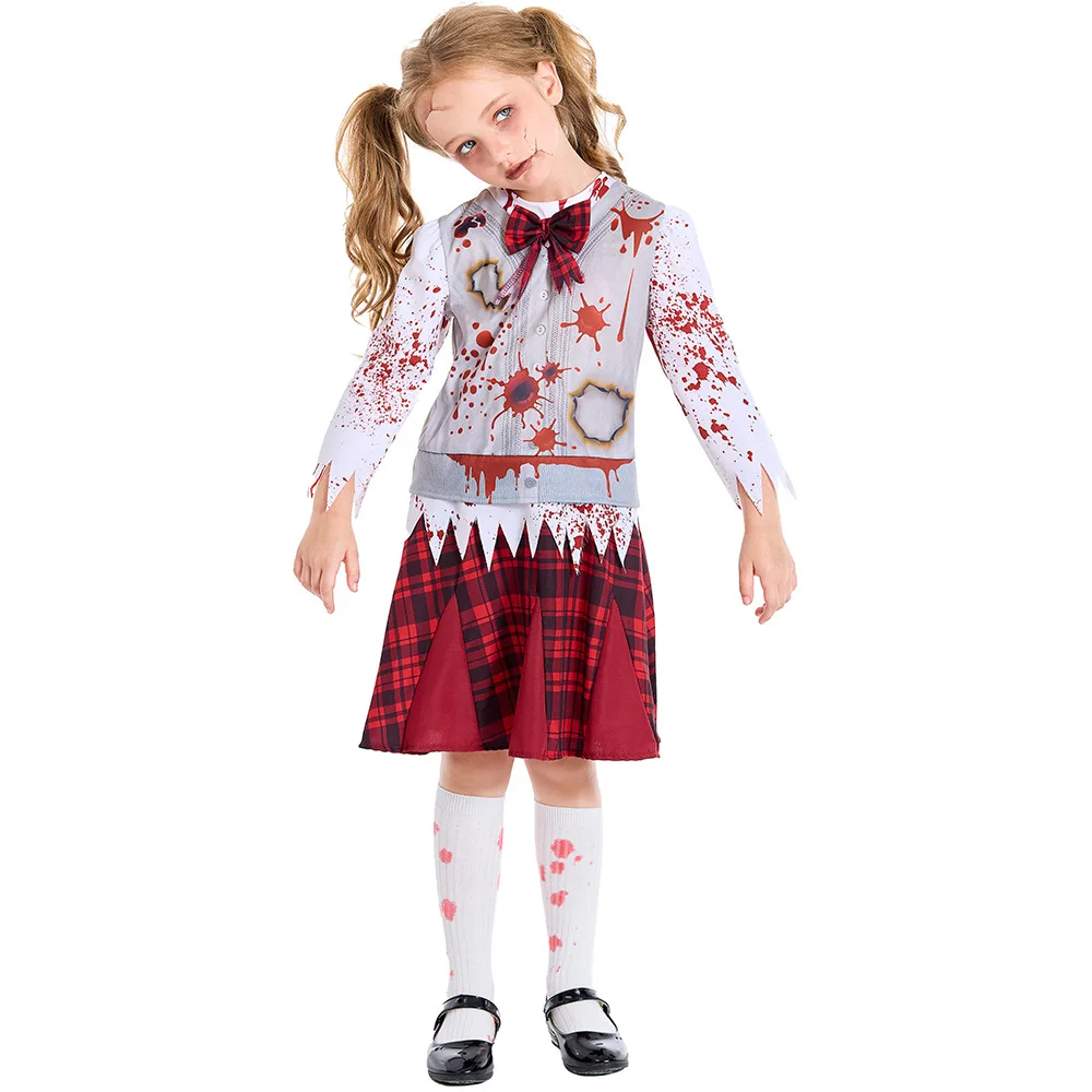 

Umorden Horror Scary Bloody Student School Girls Zombie Costume for Child Kids Teens Halloween Fancy Dress Red Plaid