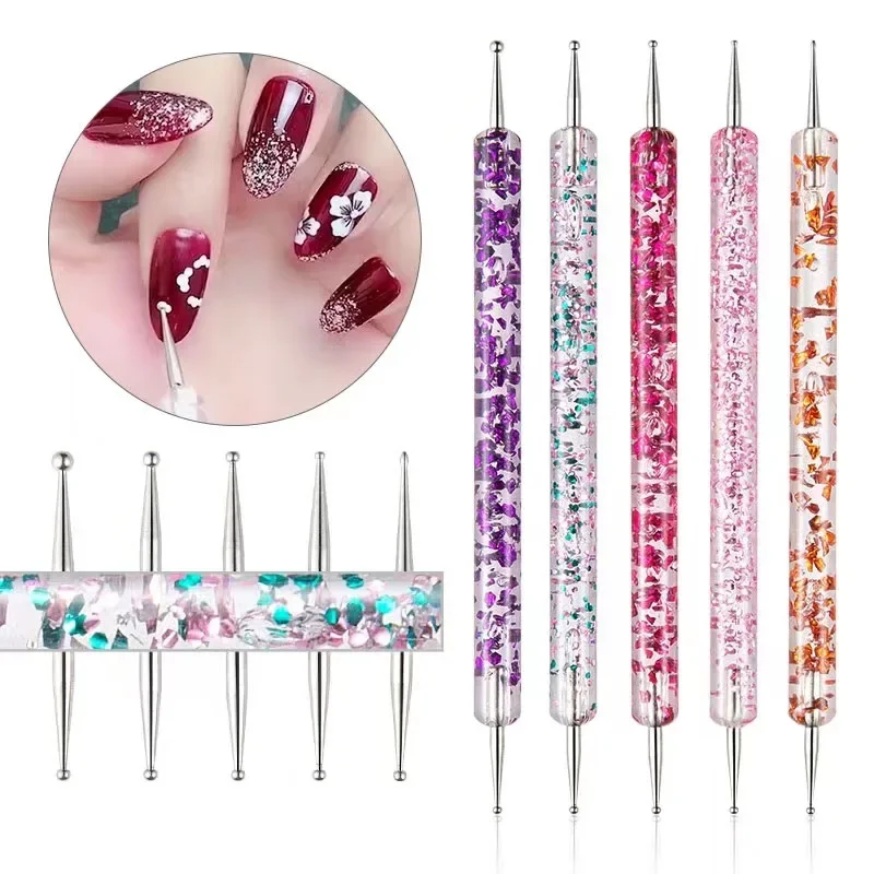 5pcs/Set Dual-Ended Nail Art Dotting Pen With Rhinestones Handle 3D UV Gel Liner Flower Pattern Drawing Painting Brush 네일아트