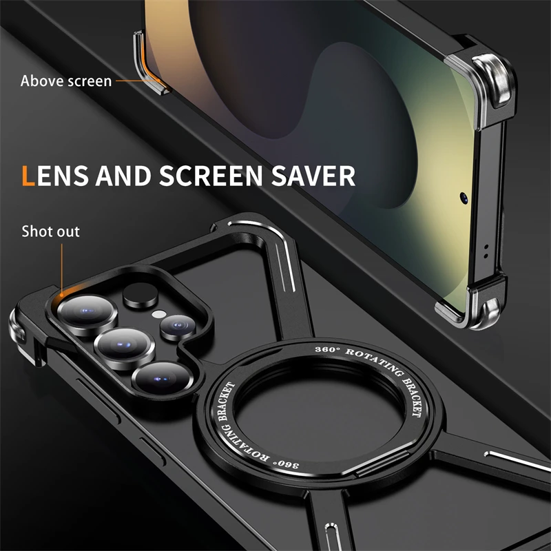 Premium Metal Magnetic Phone Case with 360° Rotating Bracket and Aluminum Alloy Frameless Shockproof Design