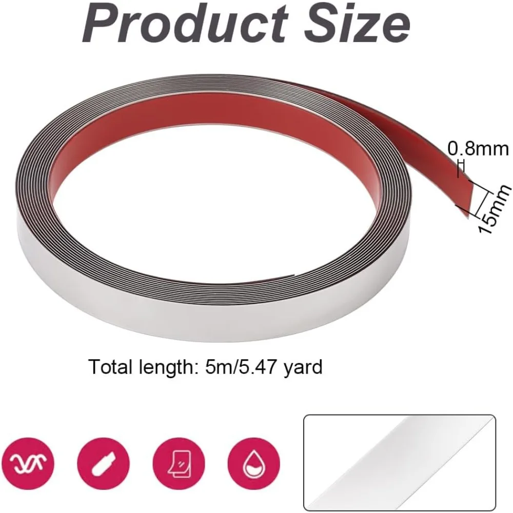 16.4 Feet Self-Adhesive Metal Trim 0.6 Inch Wide Wall Trim Molding 0.8mm Thick Stainless Steel Peel & Stick Flexible Stainless