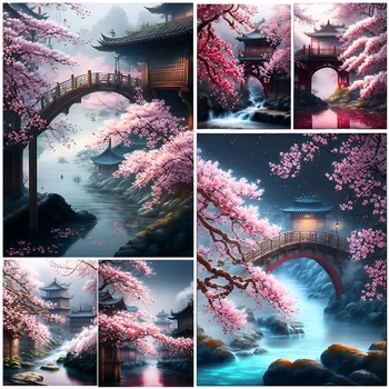 일본 벚꽃 5D DIY 다이아몬드 페인팅 폭포 사원 풍경 풀 드릴 라인석 모자이크 자수