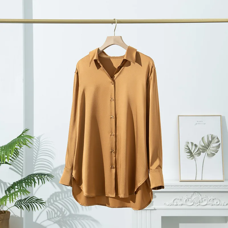 

Birdsky, 1 шт., Женская свободная длинная рубашка, блузка, верхний пуховик 19 мм, 93% натуральный шелк тутового шелкопряда, 7% спандекс, однотонный цвет, искусственная кожа