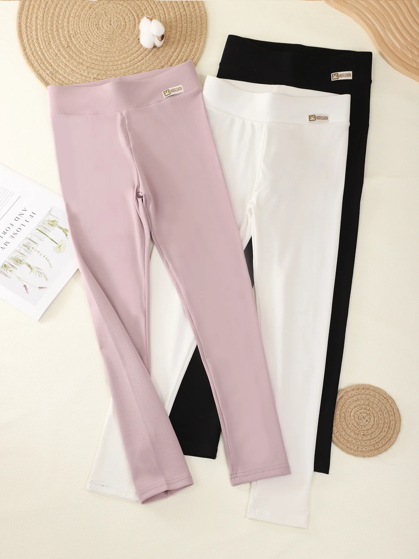 

3 pieces for girls casual simple solid color high-waisted cute rabbit elevated elastic cotton high-waisted nine-minute pants