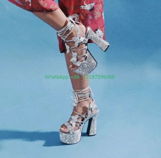 

Ladies diamond bling butterfly sandals lace up butterfly platform open toe slingback thick square heel sandals footwear size 46