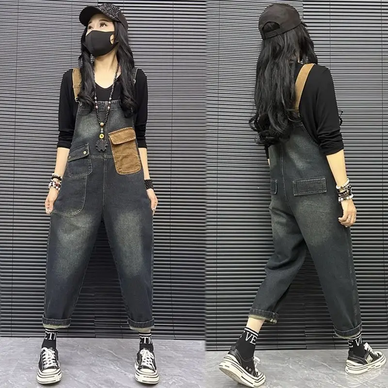 

Autumn/winter New Oversized Vintage Jumpsuit with Straight Leg, High Waist, Slimming Effect, Distressed Denim Shoulder Straps