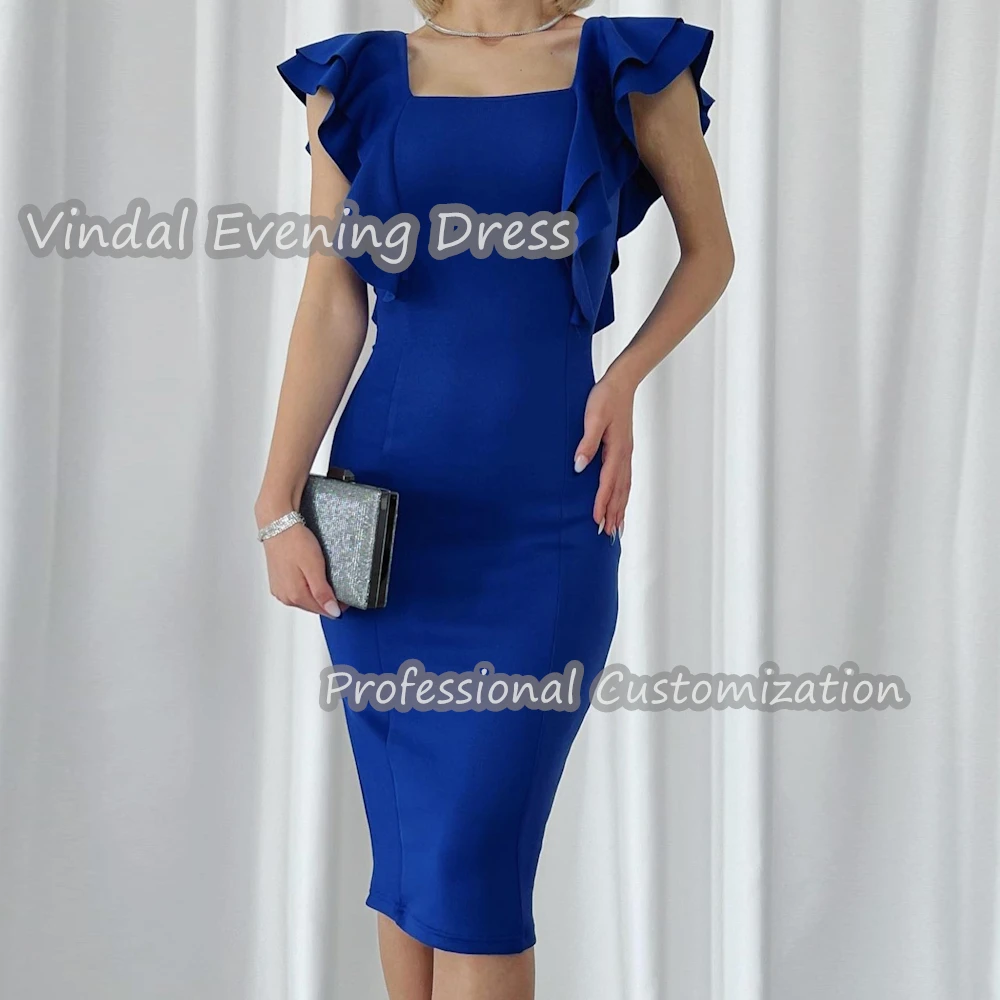 

Vindal Evening Dress Square Neckline Knee Length Straight Crepe Built-in Bra Elegant Short Sleeves Saudi Arabia For Woman 2024