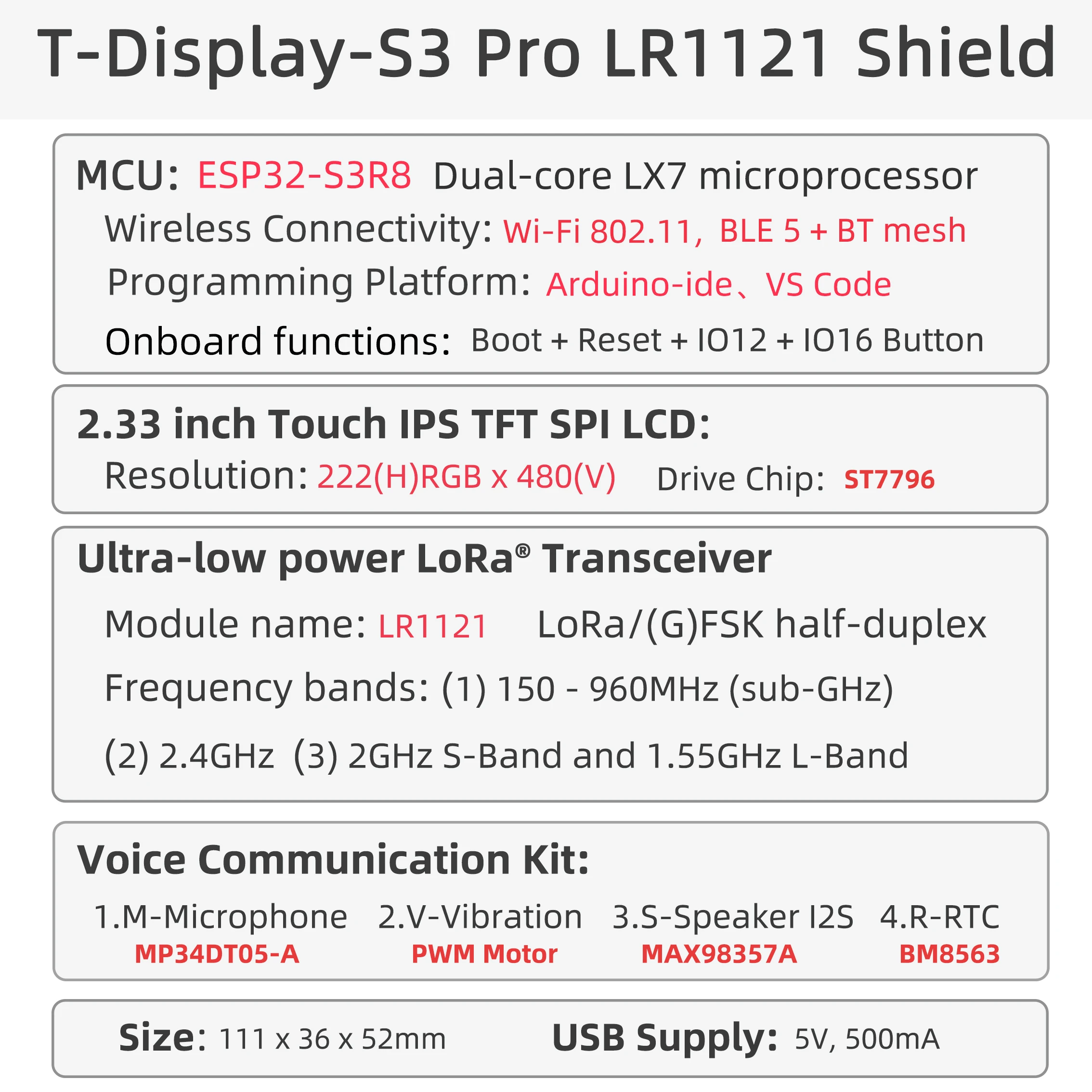 ® T-Display-S3 Pro LR1121 Kit ESP32-S3 Development Board 2.33-inch LCD Touch Dis