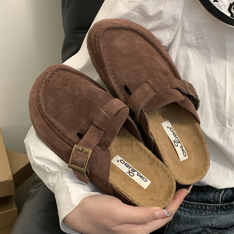 ZOOKERLIN Women's Pumps Lefu New Round Toe Thick Sole Slip On Flats Shoes Brown Genuine Leather Shoes For Women Loafer Sandals