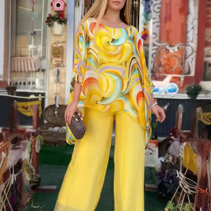 Elegant And Unique Ethnic Print Suspender Top And Wide-Leg Pants Set