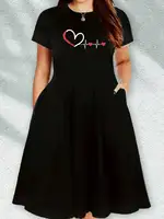 Robe Courte Décontractée Noire à Manches Courtes Imprimée Cœur Battant « Amour à Première Vue » pour Femme, Collection Quatre Saisons 2026 2