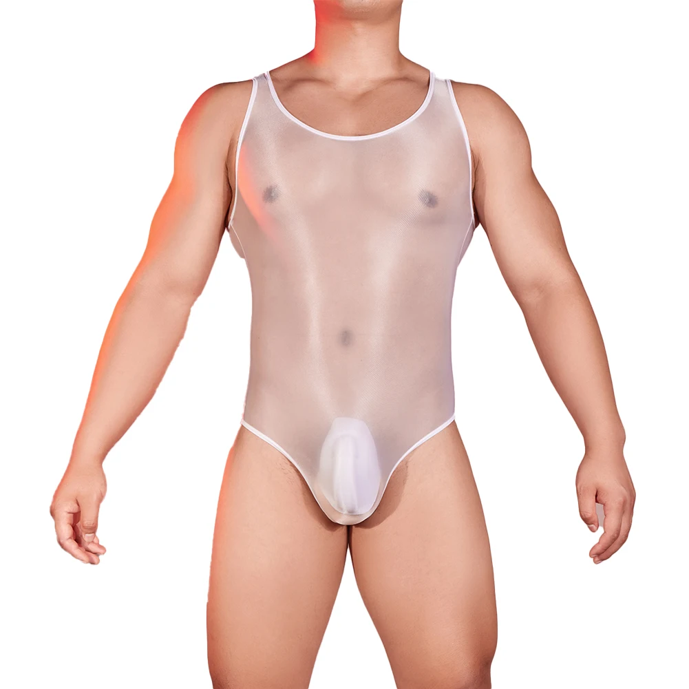 Sheer Mesh Sexy Bodysuit Oil Glossy See Through Stretchy Jumpsuits Men Erotic Tights Slimming Transparent Seductive Nightwear