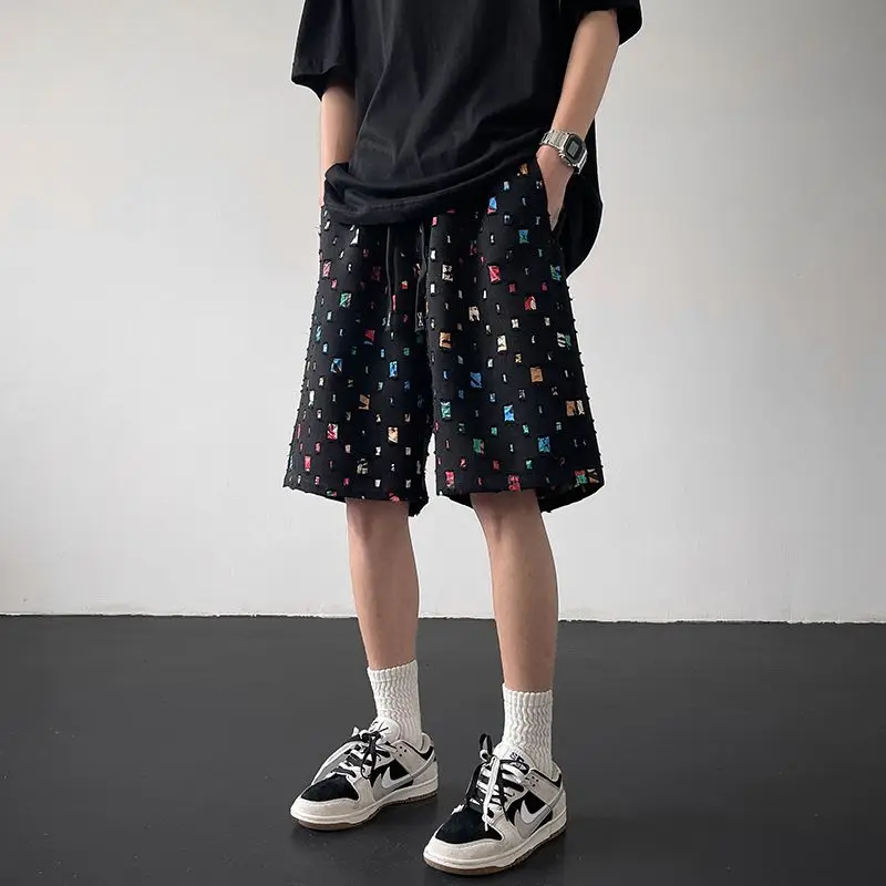 Trendy Summer American Style Men's Hole Plaid Patchwork Elastic Wait Drawstring Shorts Fashion Loose Sports Casual Knee Length
