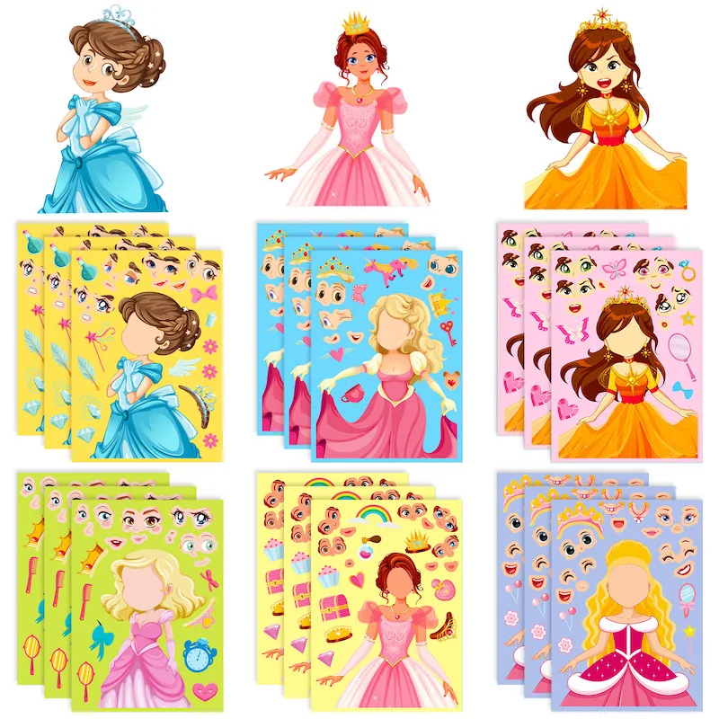 

6-24sheets Princess Face Changing Puzzle Stickers Party Favor Make Your Own Princess DIY Jigsaw Sticker For Kids Girls Gifts