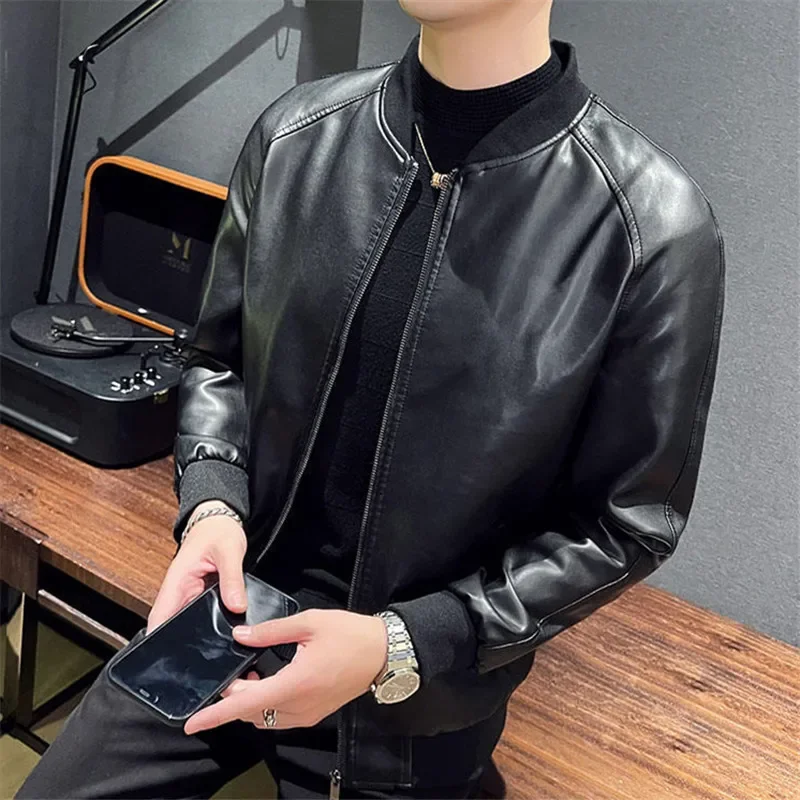 Men&rsquo;s PU Leather Jacket Fashion Baseball Collar Casual Jackets Solid Color Motorcycle Leather Outerwear leather jackets