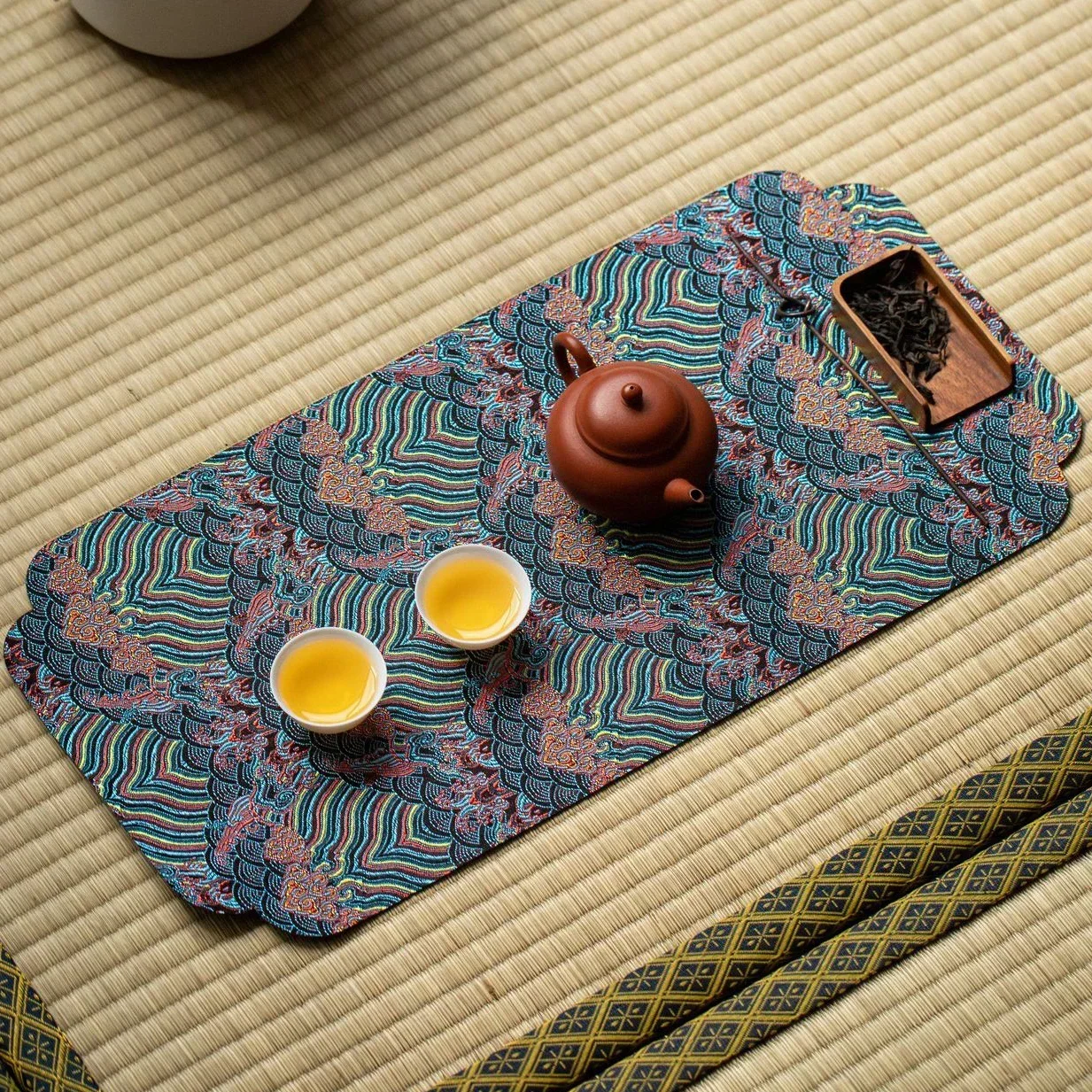 Double-Sided Brocade Tea Mat - Chinese Zen Style Non-Slip Dry Brewing Pad for Tea Ceremony Vintage Table DecorTraditionalCoaster