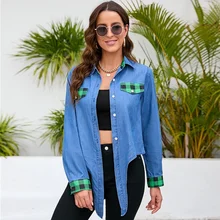

Women Plaid Shirt Spring Summer Slim Irregular Lace Up Denim Shirt Streetwear Women Denim Pocket Stitching Single-Breasted Shirt