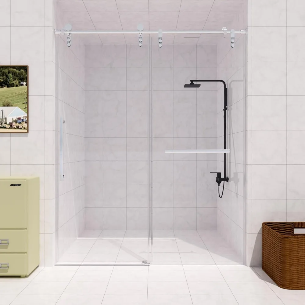 56-60" W × 76" H Frameless Glass Shower Door, Slidable Shower Door with Stainless Steel Handle, Waterproof and Shatterproof 6