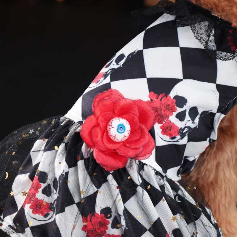 Robe Halloween Damier Noir Et Blanc Squelette Avec Fleurs - 2025 - Vêtement et accessoires pour chiens - Doglovedesign