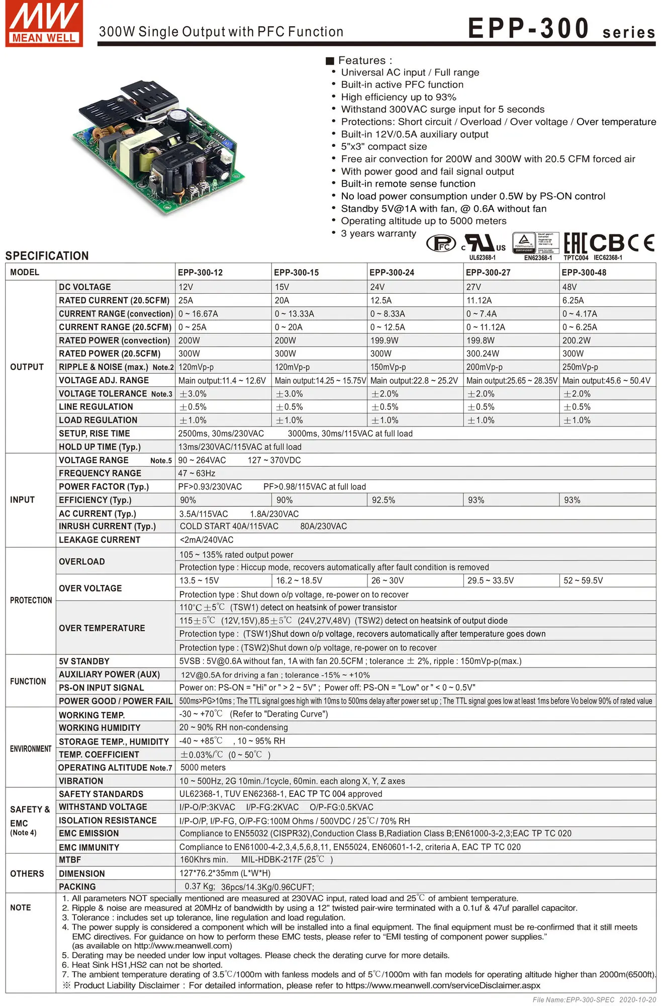 EPP, 100-500W, CA para DC, 12V, 15V, 18V, 24V, 27V, 36V, 48V, 54V