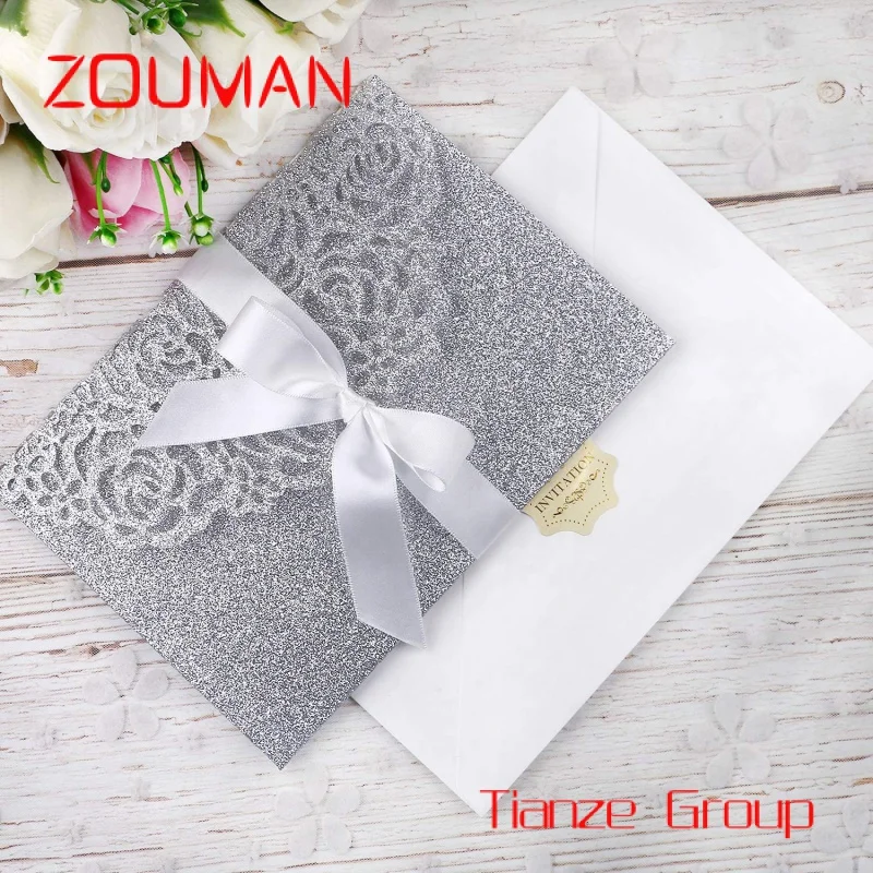 

Custom , Popular style sliver custom logo printed thank you cards with ribbon envelopes custom for wedding invitation