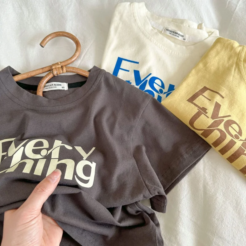 2-7Years Baby Short Sleeve T-Shirts Boys Girls Summer Fashion Letter Print Loose T Shirt Kids Cotton Solid Outerwear Top Clothes 4