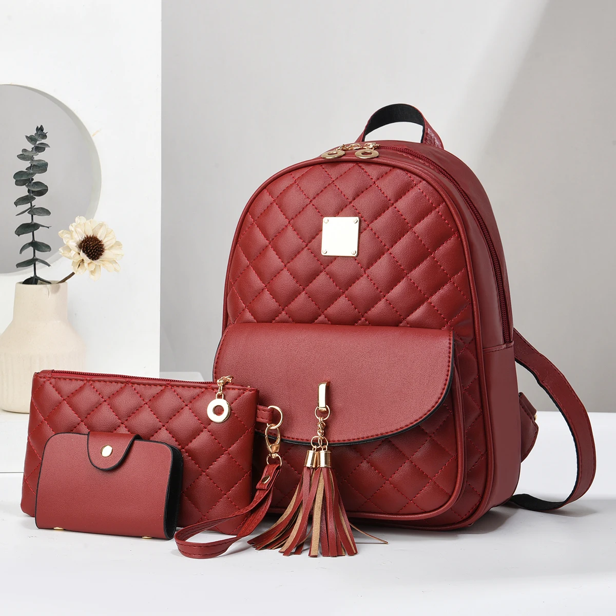 NEW 3-Pc PINK Argyle Quilted Backpack Set PU Leather School Bag & Clutch & Walle WG102-8603 Wrangler Cow Print Backpack With Coin Pouch  main image 4