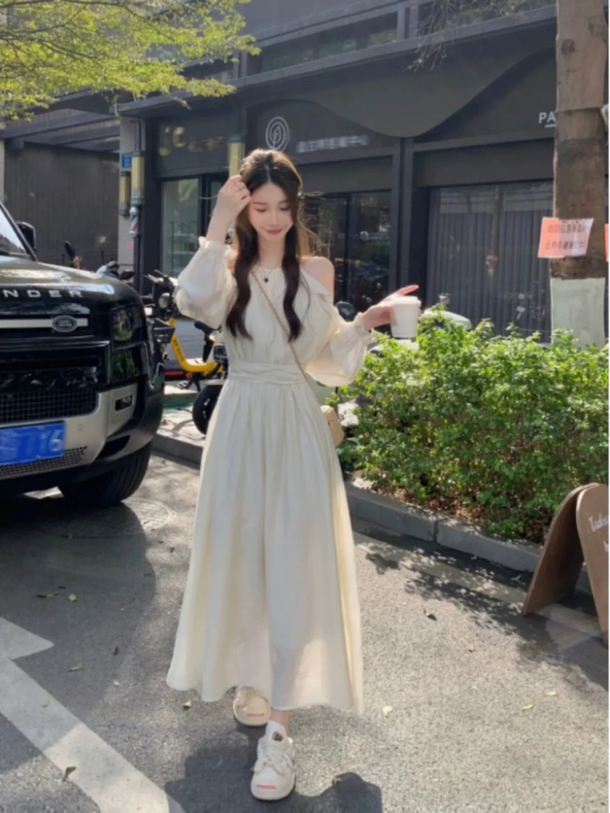 

Off the shoulder faux silk drape long sleeved dress for women in spring 2024, new with a gathered waist and pleated long skirt