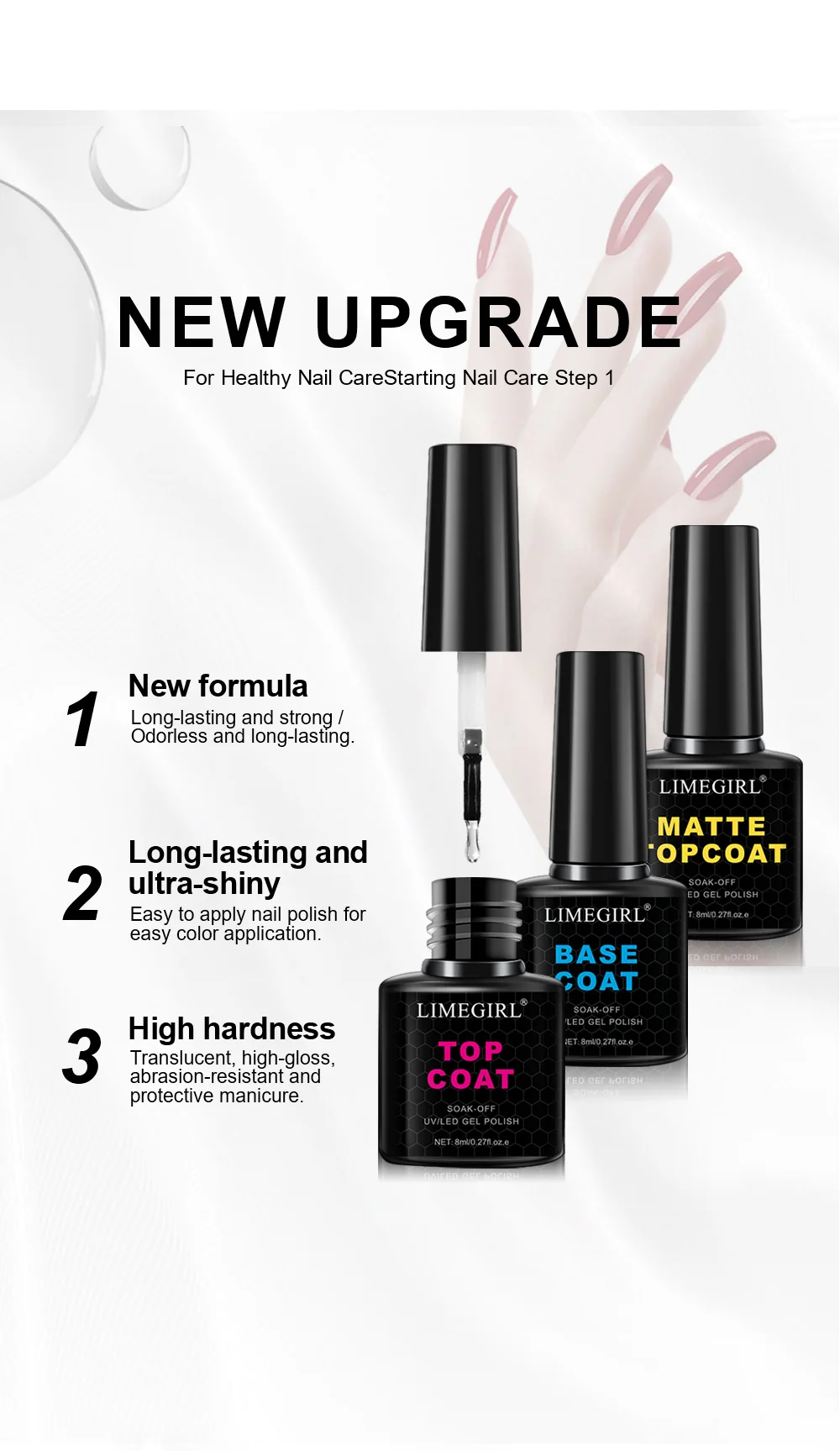 Description Picture 4 of itemLIMEGIRL 3pcs/Kit Nail Art Soaking Primer Clear Coat Nail Polish UV Gel Polish Dry Cure Brightening Multifunctional Manicure Kit