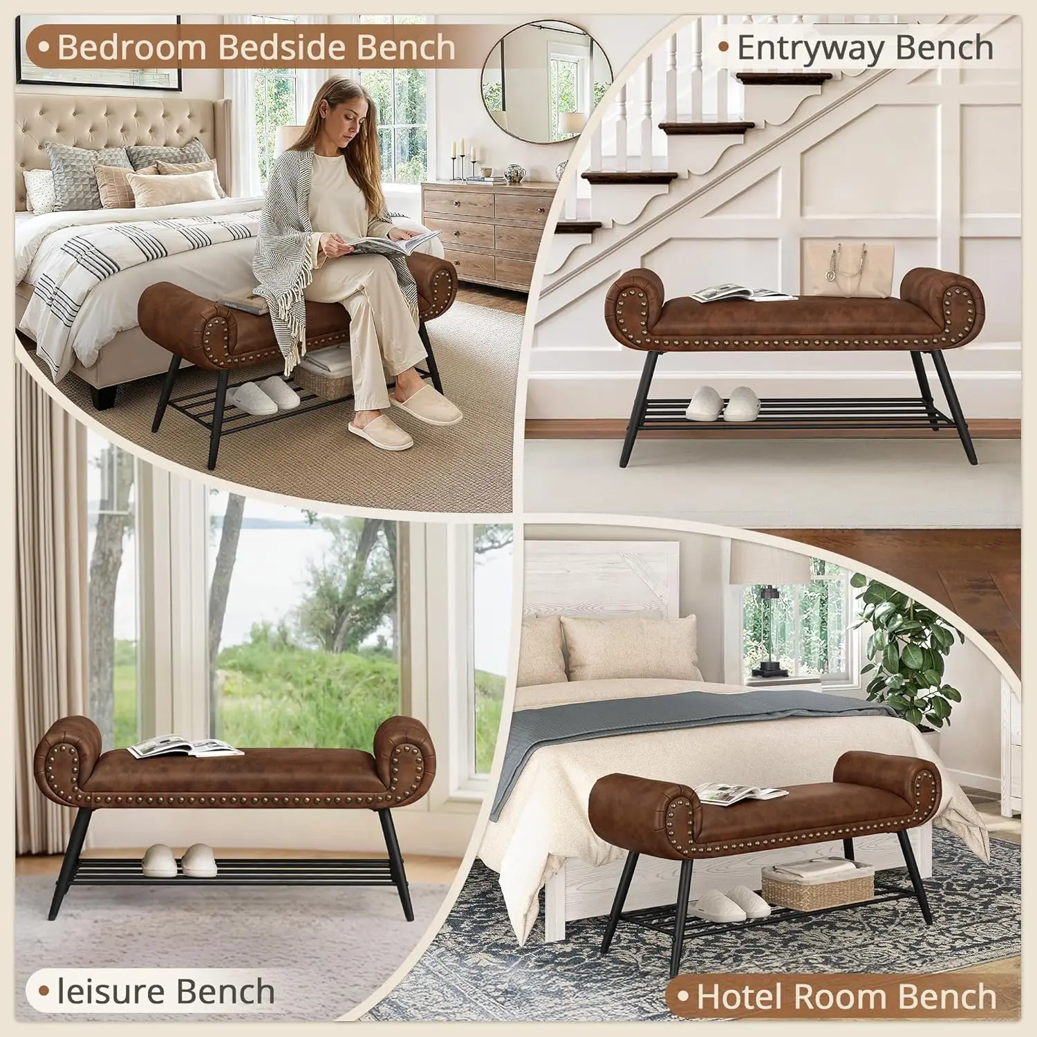 45.3" End of Bed Bench, Modern Bedroom Leather Upholstered Shoe Benches, Ottoman with Stable Metal Frame and Solid Shelf