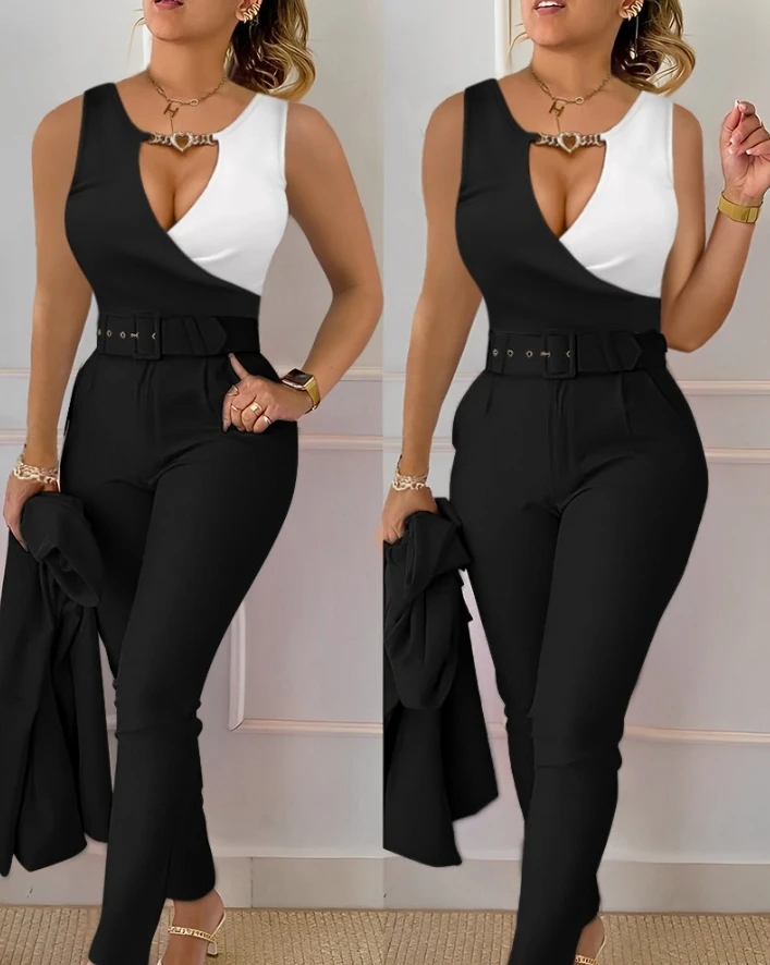 Women Two-Piece Suit Keyhole Neck Colorblock Chain Decor Sleeveless Tank Top High Waist Pants Set Casual Elegant Work Pants Set elegant pants set two piece for women summer new sleeveless striped colorblock vest top